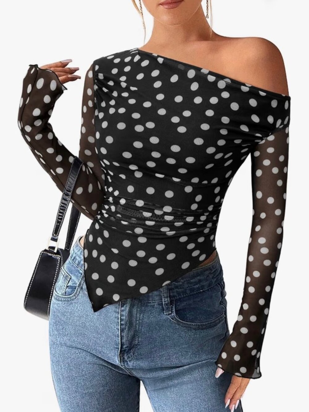 PRETTY GARDEN Mesh Y2K Off The Shoulder Top